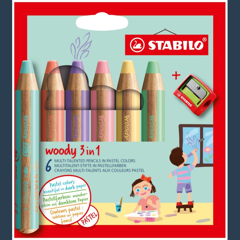 STABILO WOODY PASTEL 6 ass incl spidser