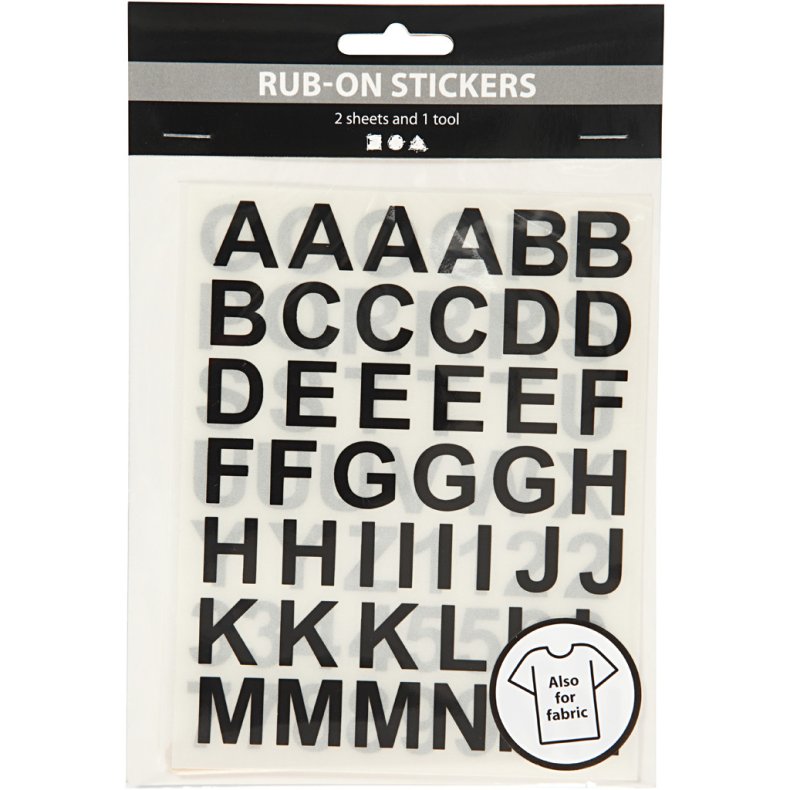 Rub-on stickers Alfabet sort ogs til Textil 17mm