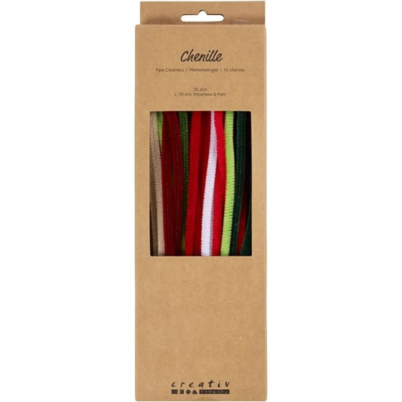 Chenille : L: 30 cm. tykkelse 6 mm julefarver