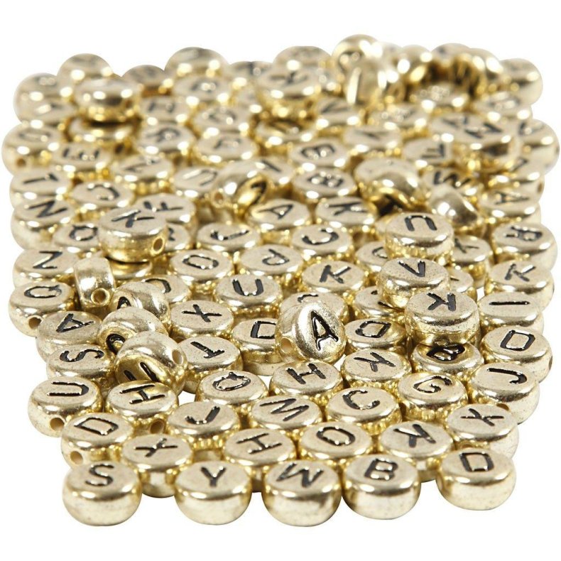 Bogstavperler, str. 7 mm, hulstr. 1,2 mm, guld, 20 g,