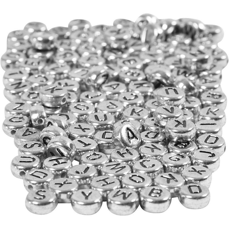 Bogstavperler, str. 7 mm, hulstr. 1,2 mm, slv, 20 g,