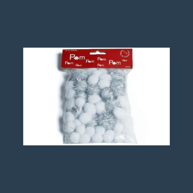 POMPON MIX hvid m/u glitter 20-25-35 mm 50 ass