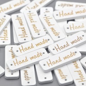 Hand Made 5 stk,  1 x 3 cm tr� hvid m guld skrift