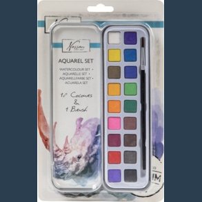 Aquarelfarver s�t 18 farver ,incl pensen i metal�ske