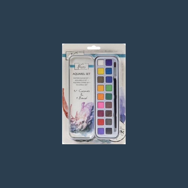 Aquarelfarver s�t 18 farver ,incl pensen i metal�ske